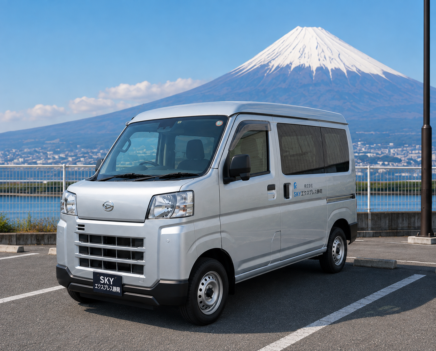 富士山を背景に駐車場へ停車するSKYエクスプレス静岡のシルバー軽バン